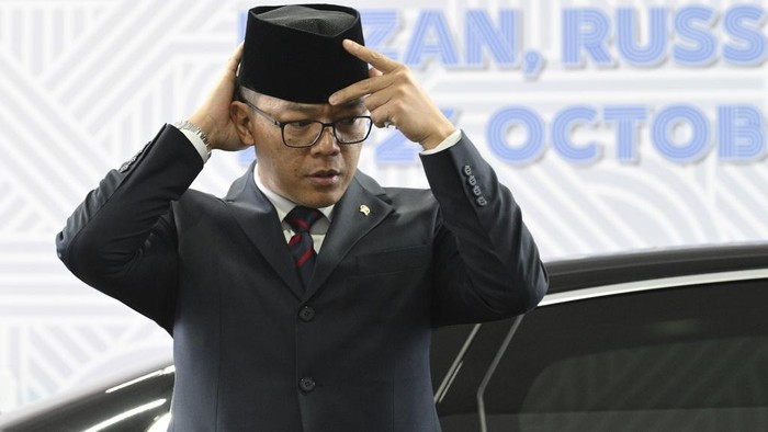 Indonesias Foreign Minister Sugiono arrives at the BRICS summit in Kazan, Russia October 24, 2024. Kirill Zykov/BRICS-RUSSIA2024.RU Host Photo Agency via REUTERS ATTENTION EDITORS - THIS IMAGE WAS PROVIDED BY A THIRD PARTY. MANDATORY CREDIT.