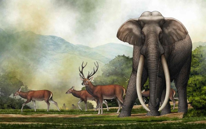 Ilustrasi Palaeoloxodon turkmenicus jantan dewasa yang mengesankan berkeliaran di Lembah Kashmir, 400 ribu tahun yang lalu