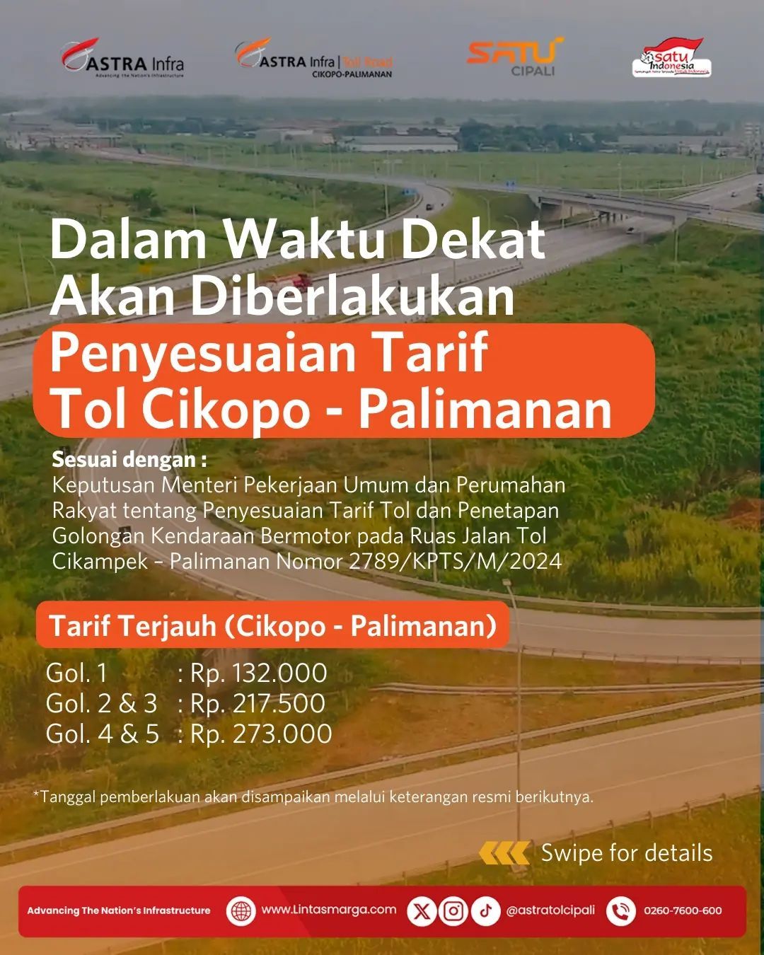 Penyesuaian tarif di ruas Tol Cikopo - Palimanan dengan besaran tarif terlampir. (Instagram @astratolcipali)
