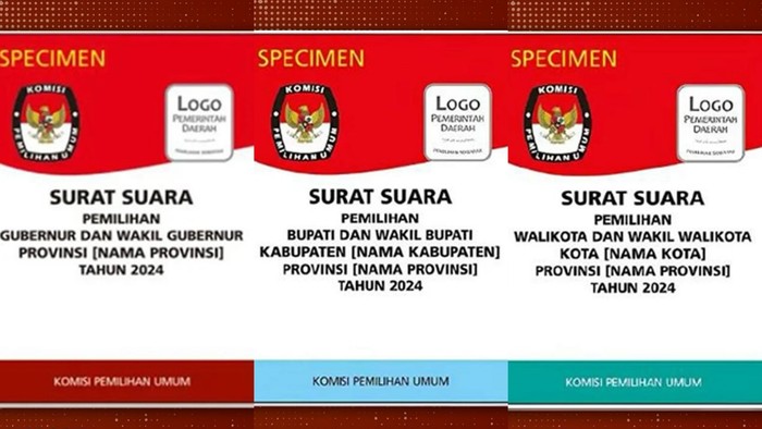 Gambaran surat suara Pilkada 2024 untuk gubernur (kiri), bupati (tengah), dan wali kota (kanan).