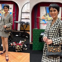 Mariana Renata terlihat chic dan elegan memakai avery jacket dan skirt bermotif houndstooth. Tas berbentuk pizza box dari koleksi Novelty Kate Spade jadi item favoritnya yang mencuri perhatian di butik. Foto: dok. R Chairini Putong/Wolipop