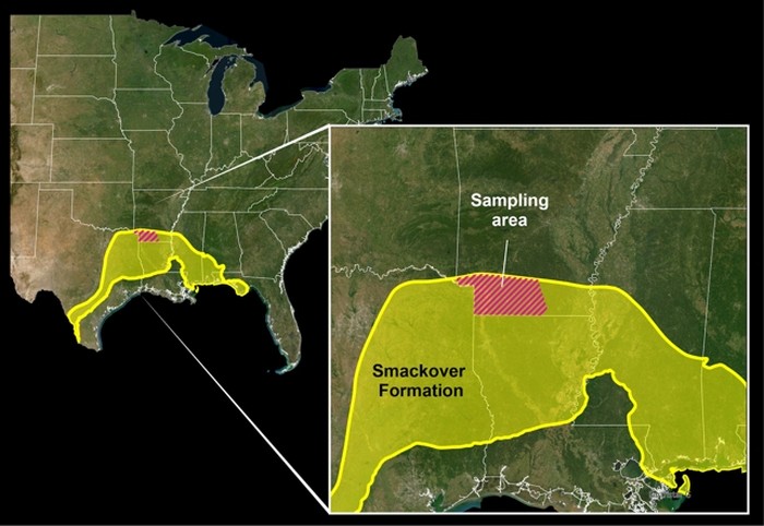 Peta AS ini menunjukkan area sisipan yang menampilkan Formasi Smackover dan area pengambilan sampel. Area pengambilan sampel terletak di bagian bawah Arkansas (ditandai garis-garis merah).
