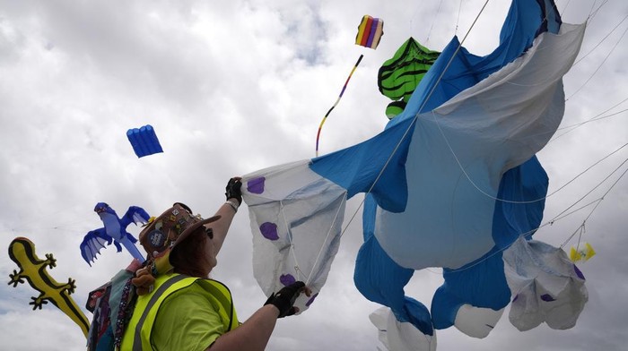Festival Layang-layang di Afsel untuk Rayakan Hari Kesehatan Mental South African kite maker Mari Ware-Lane flies kites at the Cape Town International Kite Festival in Cape Town, South Africa, Sunday, Oct. 27, 2024. (AP Photo/Nardus Engelbrecht)