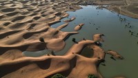 Foto-foto udara yang diambil dari Merzouga, Maroko, menujukkan luasnya kawasan gurun pasir yang terendam banjir.  