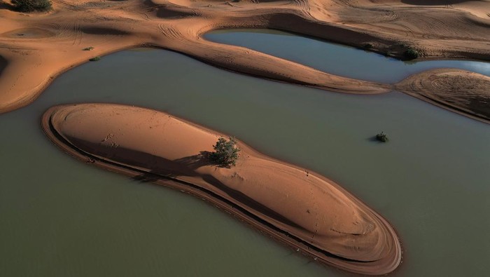 Potret Gurun Sahara Terendam Banjir Langka A drone view shows sand dunes and palm trees partially covered by floodwaters, after rare rainfall hit the area last September, in Merzouga, Morocco, October 24, 2024. REUTERS/Stelios Misinas