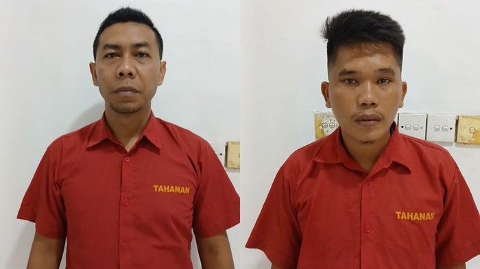 Tampang Camat Angkola Sangkunur (kiri) dan Kades Tindoan Laut (kanan) saat ditahan. (Dok. Polda Sumut)
