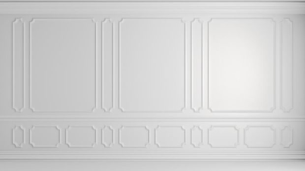 White wall with white decorative moldings elements on wall in classic style empty room, classic style non-color colorless architectural background 3d illustration interior