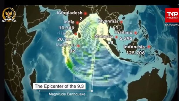 Penampakan Tsunami efek Megathrust di Aceh tahun 2024, tangkapan layar Youtube Komisi V DPR RI - paparan Kepala BMKG dalam rapat kerja bersama Komisi V DPR, Selasa (29/10/2024). (Tangkapan layar)