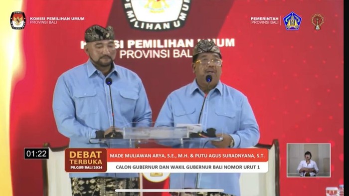 Putu Agus Suradnyana saat debat perdana di pilgub Bali, Rabu (30/10/2024). (dok. tangkapan layar di Youtube KPU Bali)