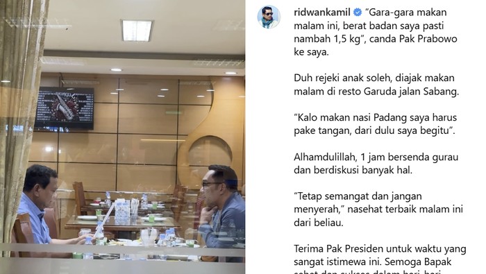 Cagub Jakarta Ridwan Kamil unggah makan malam dengan Presiden Prabowo