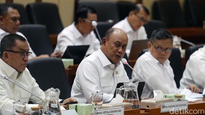 Kepala Badan Gizi Nasional Dadan Hindayana hadiri rapat kerja dengan Komisi IX DPR. Rapat itu membahas uji coba makan bergizi gratis di 100 titik pada akhir 2024.