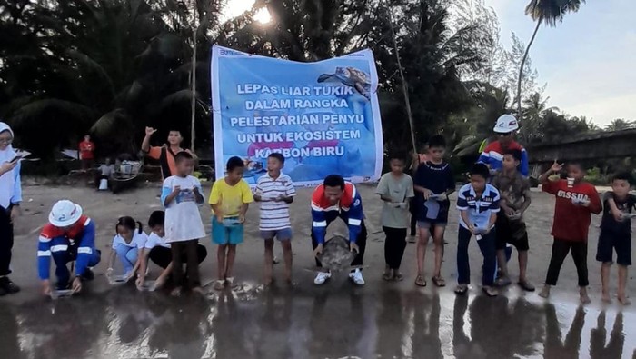 Pertamina Pertamina FT Gunungsitoli bersama masyarakat saat melepaskan tukik penyu ke laut (Istimewa)