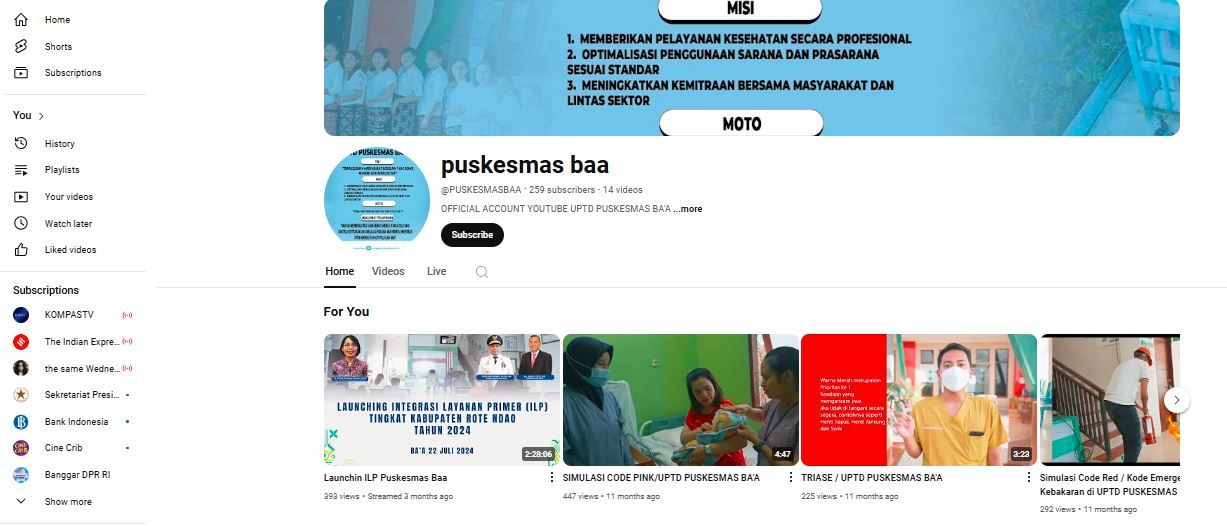 Saluran Youtube Puskesmas Ba'a, Kabupaten Rote Ndao, NTT