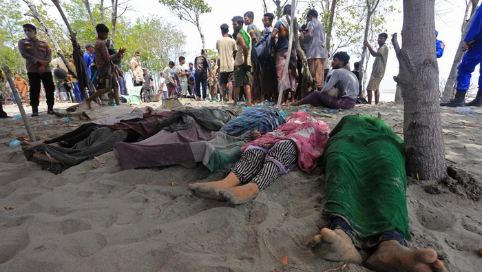 Sejumlah imigran etnis Rohingya beristirahat menunggu pengarahan usai mendarat di pesisir pantai Desa Meunasah Asan, Kecamatan Madat, Aceh Timur, Aceh, Kamis (31/10/2024). Sebanyak 96 imigran etnis rohingya kembali mendarat di perairan Aceh, enam diantaranya meninggal dunia. ANTARA FOTO/Syifa Yulinnas/foc.