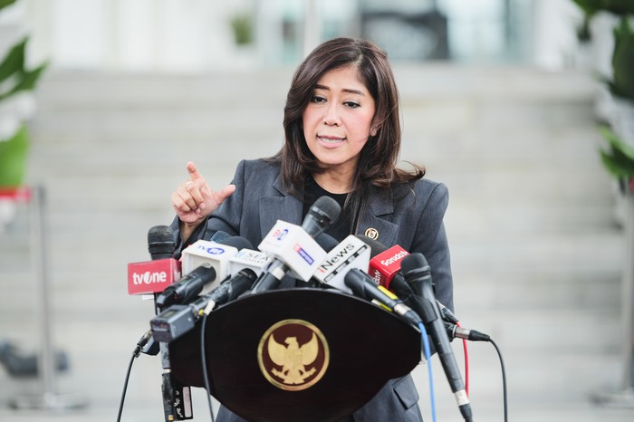 Menkomdigi Meutya Hafid di kompleks Istana Kepresidenan, Jakarta, Jumat (1/11/2024).