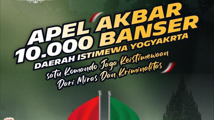 Flyer apel akbar 10 ribu Banser satu komando jaga keistimewaan dari miras dan kriminalitas di Ponpes Minggir, Sleman. Foto diunggah Jumat (1/11/2024).