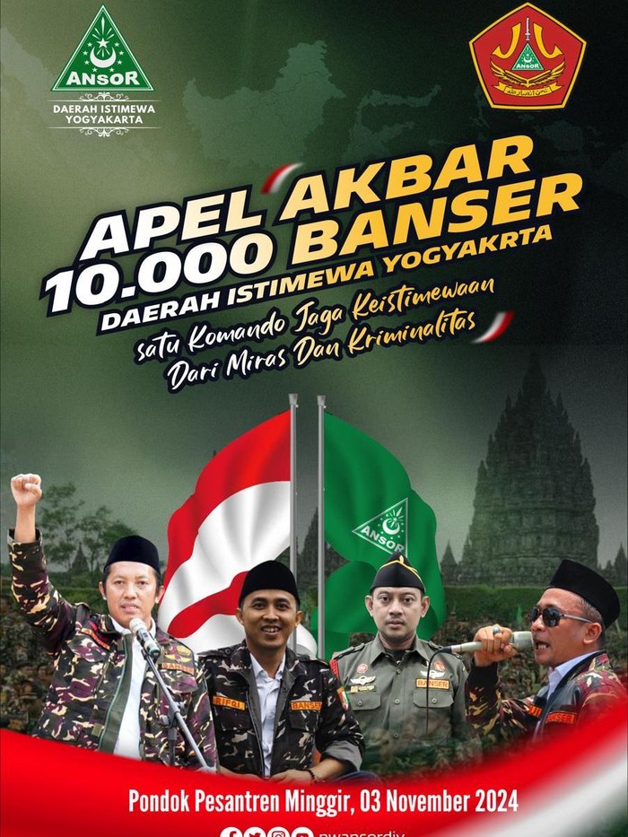 Flyer apel akbar 10 ribu Banser satu komando jaga keistimewaan dari miras dan kriminalitas di Ponpes Minggir, Sleman. Foto diunggah Jumat (1/11/2024).