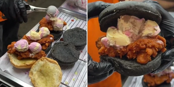 Nyeleneh! Burger Ayam Goreng Krispi Ini Dipadukan dengan Es Krim