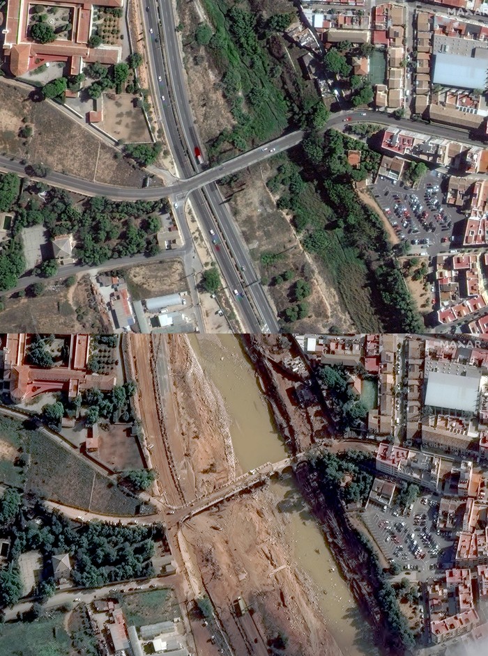 A combination pictures shows satellite views of the CV33 highway before (above) and after the floods, in Valencia, Spain, October 18, 2024 and October 31, 2024. Maxar Technologies/Handout via REUTERS    THIS IMAGE HAS BEEN SUPPLIED BY A THIRD PARTY. NO RESALES. NO ARCHIVES. MANDATORY CREDIT. DO NOT OBSCURE LOGO