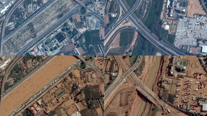 A combination pictures shows satellite views of the CV33 highway before (above) and after the floods, in Valencia, Spain, October 18, 2024 and October 31, 2024. Maxar Technologies/Handout via REUTERS    THIS IMAGE HAS BEEN SUPPLIED BY A THIRD PARTY. NO RESALES. NO ARCHIVES. MANDATORY CREDIT. DO NOT OBSCURE LOGO