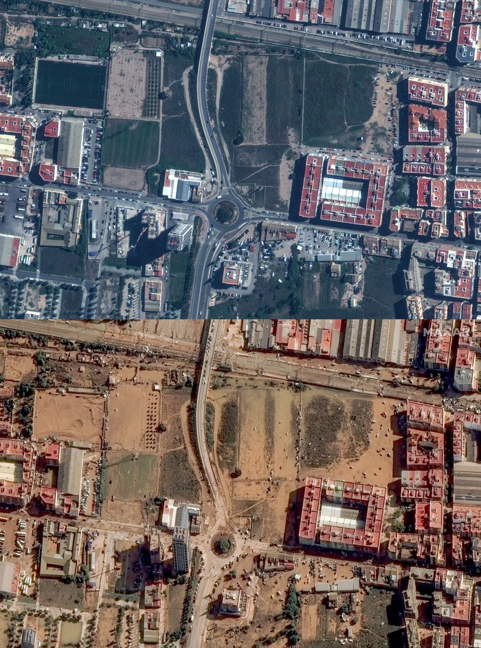 Potret Satelit Sebelum dan Sesudah Banjir Dahsyat Hantam Valencia A combination pictures shows satellite views of the CV33 highway before (above) and after the floods, in Valencia, Spain, October 18, 2024 and October 31, 2024. Maxar Technologies/Handout via REUTERS THIS IMAGE HAS BEEN SUPPLIED BY A THIRD PARTY. NO RESALES. NO ARCHIVES. MANDATORY CREDIT. DO NOT OBSCURE LOGO