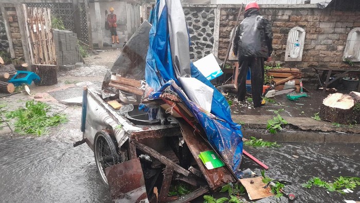 Gerobak mi ayam ringsek tertimpa dahan pohon tumbang di Bogor (dok.istimewa)