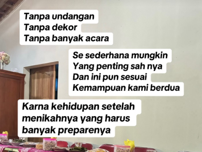 Video acara pernikahan pasangan yang memutuskan menikah di KUA, tanpa menggunakan dekorasi pernikahan, acara lainnya dan tidak menggunakan jasa makeup artist. Postingan tersebut langsung viral.