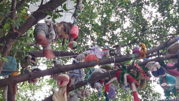 Boneka tergantung di pohon di Kota Cirebon.