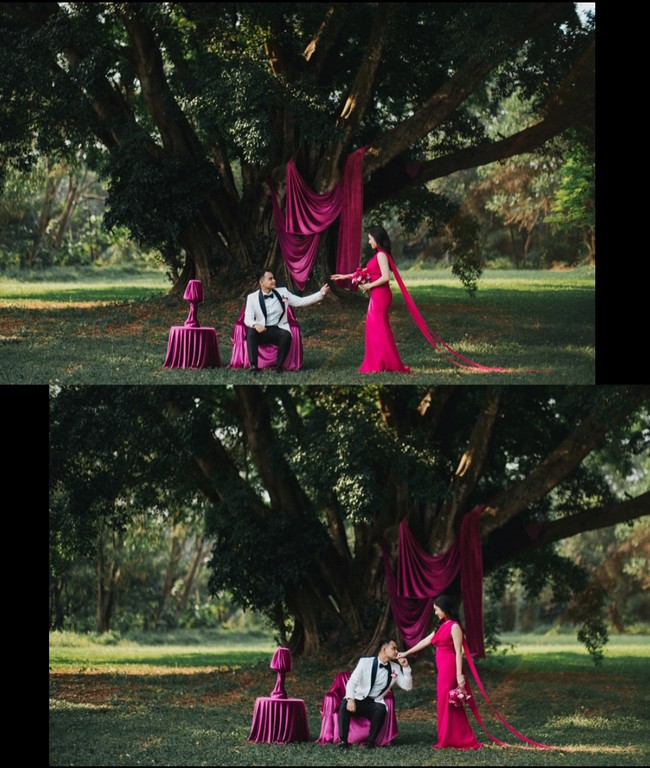 Jika sebelumnya foto prewedding yang dibagikan Febby berlatar di sebuah pantai dengan busana kompak berwarna putih, kali ini pemotretan preweddingnya itu tampak didominasi dengan warna fuschia. Foto: Instagram/@febbyrastanty