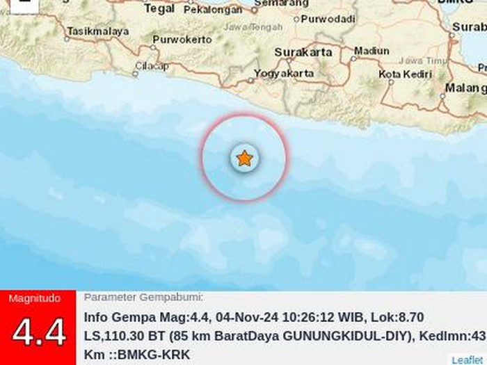 Gempa bumi berkekuatan magnitudo (M) 4,4 di perairan Kabupaten Gunungkidul, Daerah Istimewa Yogyakarta (DIY), 
Senin (4/11/2024) pukul 10.26 WIB.