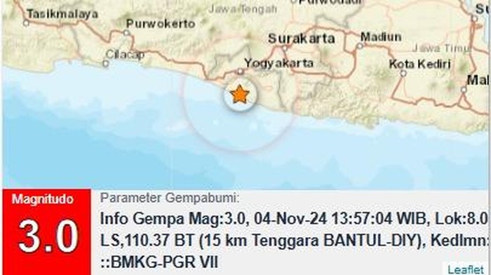 Gempa M 3,0 di Bantul, Senin (4/11/2024).