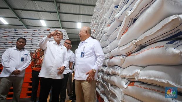 Menteri Koordinator Bidang Pangan, Zulkifli Hasan (Zulhas) dan Direktur Utama (dirut) Perum Bulog, Wahyu Suparyono saat meninjau Gudang Bulog di Jakarta, Senin (4/11/2024). (CNBC Indonesia/Faisal Rahman)