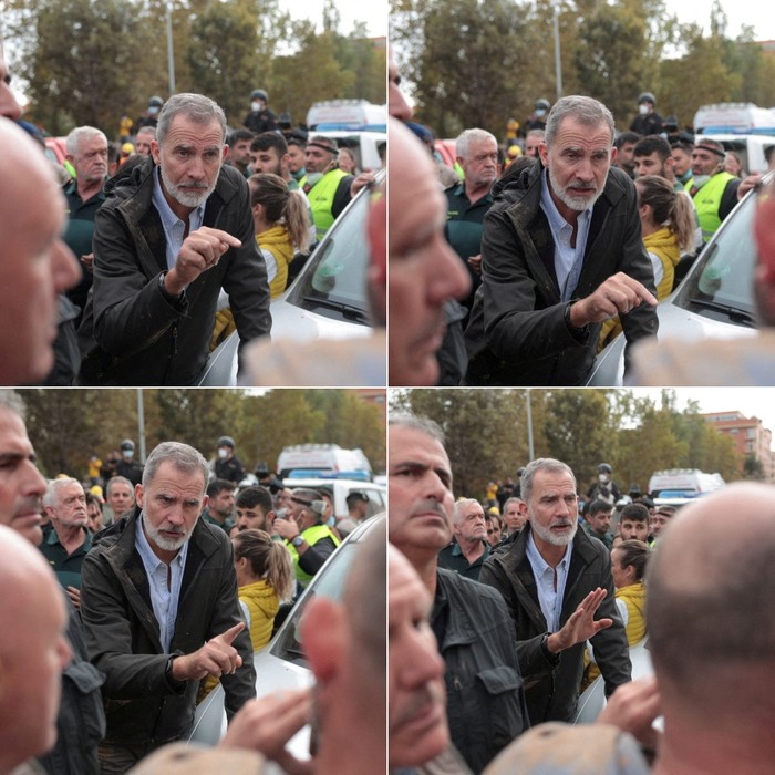 Momen Raja-Ratu Spanyol Dilempari Lumpur Saat Tinjau Lokasi Banjir A combination picture shows Spain's King Felipe as he gestures with mud on his clothes and face, thrown at him by citizens, as he tries to speak to people during his visit to the areas affected by DANA, following heavy rains that caused floods, in Paiporta, near Valencia, Spain, November 3, 2024. REUTERS/David Melero