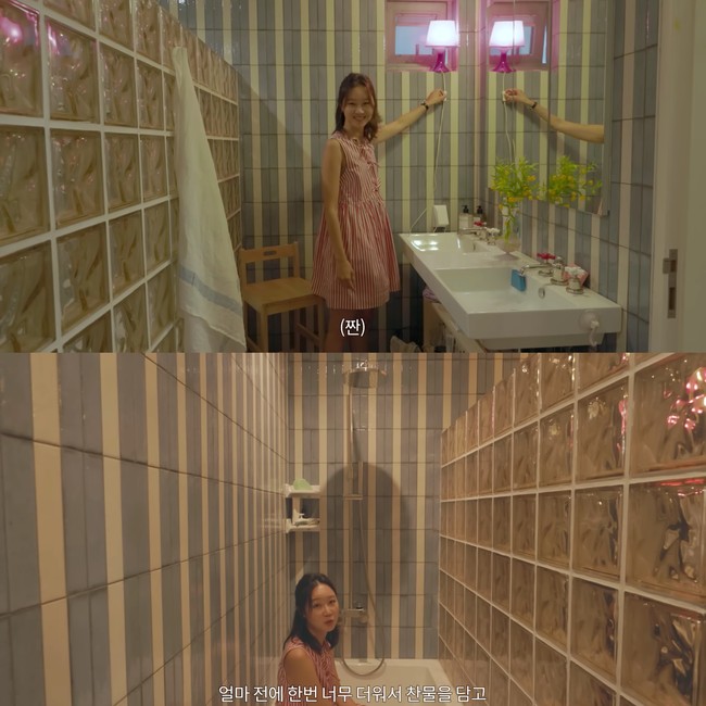 Item paling mahal dari kamar mandi Gong Hyo Jin adalah wastafel keluaran merek Amerika, Waterworks. Sebelum menikah, aktris 44 tahun itu selalu bercita-cita punya dua wastafel untuknya dan suami. Di baliknya, ada shower, bath tub, dan pojok untuk memandikan anjing kesayangan. Foto: dok. YouTube @SKYKONGKONGKONG