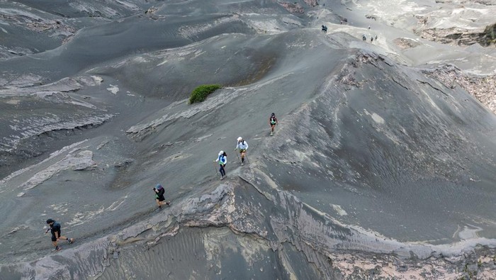 Foto udara peserta berlari melintasi Pusung Gedhe saat lomba lari lintas alam atau trail run BTS100 Ultra di kawasan Taman Nasional Bromo Tengger Semeru (TNBTS), Probolinggo, Jawa Timur, Minggu (3/11/2024). Lomba lari lintas alam yang diikuti sedikitnya 700 pelari dari 26 negara dengan jarak tempuh terjauh 170 kilometer menjelajah kawasan TNBTS tersebut diharapkan dapat meningkatkan kunjungan pariwisata sekaligus meningkatkan perekonomian masyarakat di wilayah itu. ANTARA FOTO/Irfan Sumanjaya/nym.