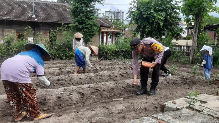 Anggota Polsek Badegan saat membantu menanam jagung warga Ponorogo.