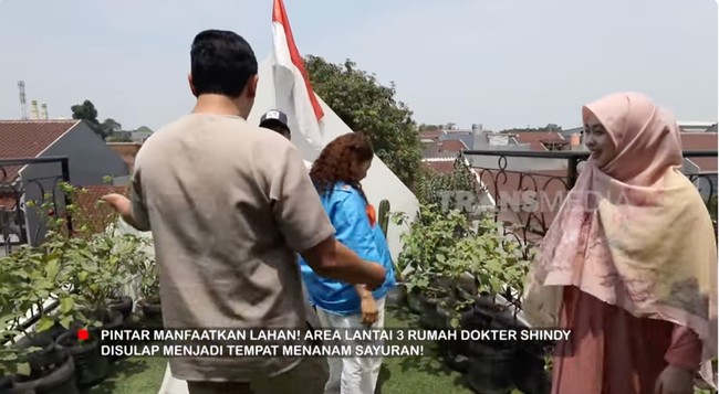 Area balkon lantai 3 menjadi tempat suami Shindy, dr. Arif Rahman, melakoni hobinya sembari melepas stres. Terdapat kebun sayuran dan kolam kecil untuk memelihara lele dan patin. Buat konsumsi pribadi aja, katanya. (Foto: YouTube/TRANS7 Lifestyle)
