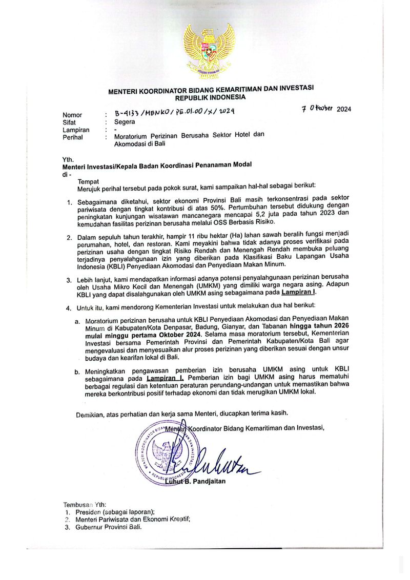 Surat Luhut ke Kementerian Investasi.