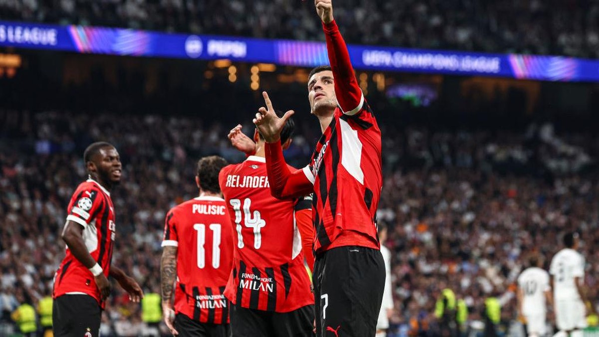 Selebrasi gol Alvaro Morata ke gawang Real Madrid. (Foto: AC Milan via Getty Images/Giuseppe Cottini)