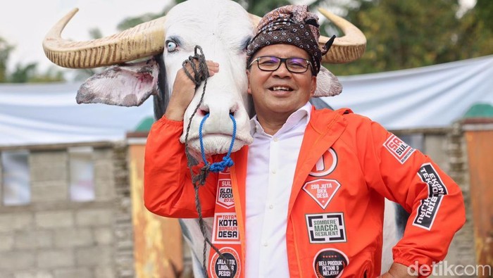 Cagub Sulsel nomor urut 1 Danny Pomanto berfoto dengan tugu Tedong Bonga di Luwu Utara.