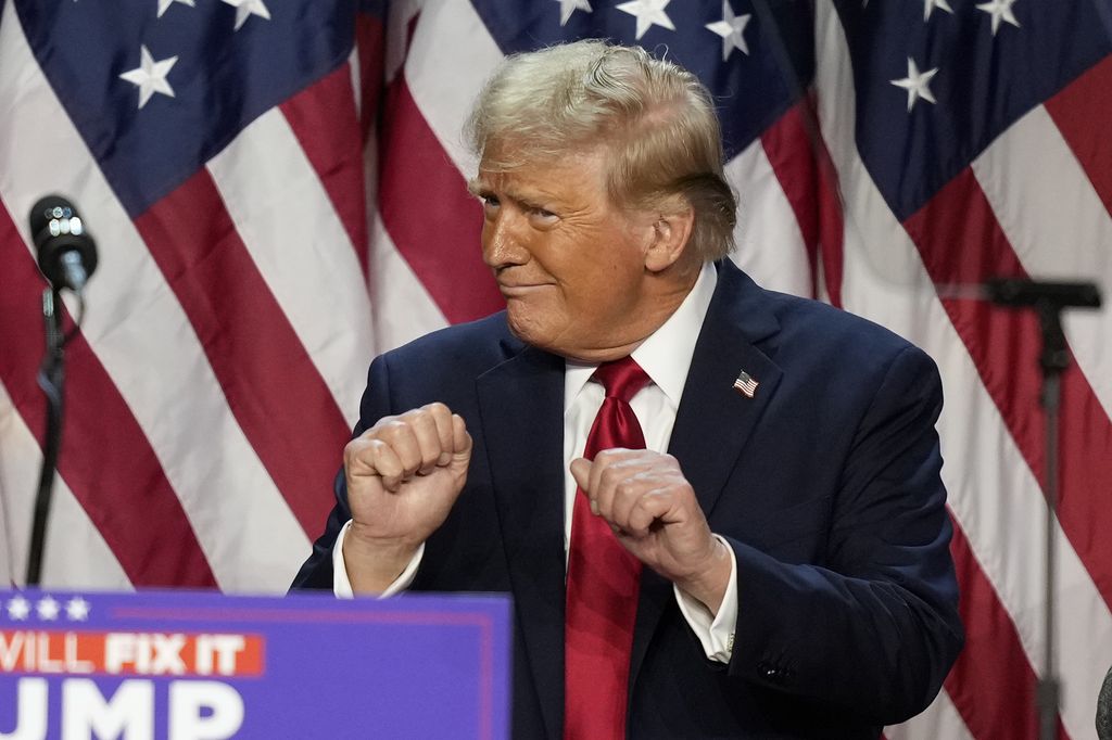 Republican presidential nominee former President Donald Trump dances after speaking at an election night watch party, Wednesday, Nov. 6, 2024, in West Palm Beach, Fla. (AP Photo/Alex Brandon)