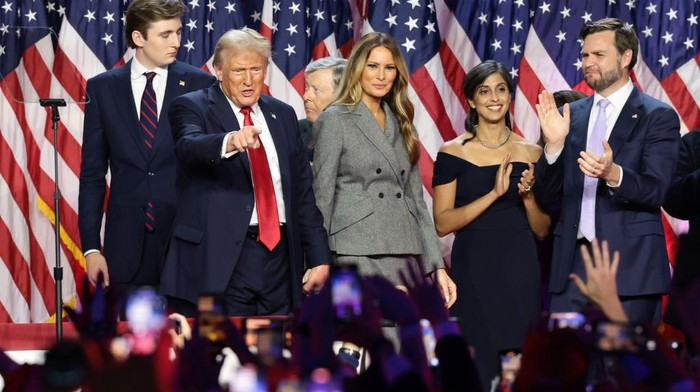 WEST PALM BEACH, FLORIDA - NOVEMBER 06:  Republican presidential nominee, former U.S. President Donald Trump gestures on stage during an election night event at the Palm Beach Convention Center on November 06, 2024 in West Palm Beach, Florida. Americans cast their ballots today in the presidential race between Republican nominee former President Donald Trump and Vice President Kamala Harris, as well as multiple state elections that will determine the balance of power in Congress.   (Photo by Win McNamee/Getty Images)