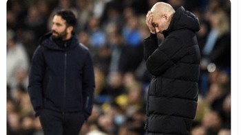 Pep Guardiola tertunduk lesu. Foto: X.com