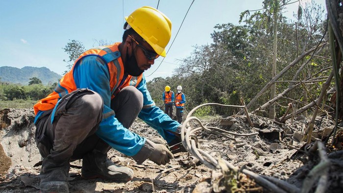Sejumlah petugas PT PLN (Persero) memperbaiki jaringan listrik yang terputus akibat erupsi Gunung Lewotobi Laki-laki di Desa Klatanlo, Wulanggitang, Kabupaten Flores Timur, Nusa Tenggara Timur, Rabu (6/11/2024). Perbaikan tersebut dilakukan setelah jaringan listrik warga di tiga desa seperti Desa Klatanlo, Desa Dulipali dan Desa Hokeng Jaya terputus akibat terdampak erupsi Gunung Lewotobi Laki-laki. ANTARAFOTO/Mega Tokan/app/foc.
