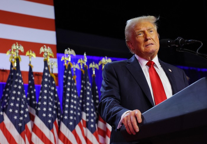 Republican presidential nominee and former U.S. President Donald Trump addresses supporters at his rally, at the Palm Beach County Convention Center in West Palm Beach, Florida, U.S., November 6, 2024. REUTERS/Brian Snyder