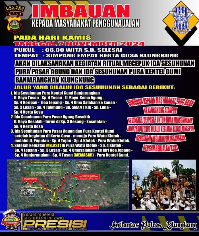 Rute yang akan dilakui iring-iringan tradisi mecepuk Ida Sasuhunan Pura Agung Kentel Gumi dengan Pura Pasar Agung Giri Tohlangkir Besakih Karangasem, di Catus Pata Klungkung, Selasa (5/11/2024). (Istimewa)