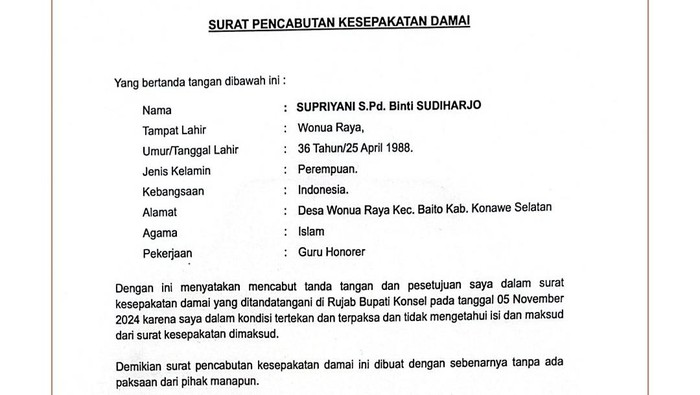 Surat guru Supriyani yang mencabut kesepakatan damai.