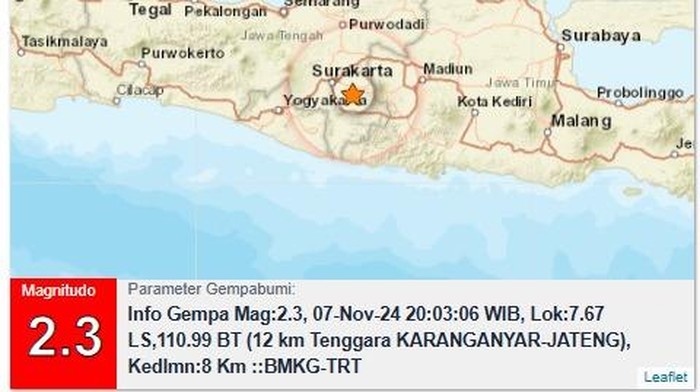 Gempa M 2,3 di Karanganyar, Kamis (7/11/2024).