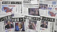Halaman depan koran Jepang melaporkan Presiden terpilih AS Donald Trump dalam pemilihan presiden AS Pemilihan presiden AS, terlihat di Yokohama, selatan Jepang, Kamis, 7 November 2024. Judul beritanya berbunyi Presiden AS Trump. AP/Shuji Kajiyama 