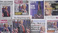 Halaman depan koran-koran Inggris yang memuat berita tentang Presiden terpilih AS Donald Trump dalam pemilihan presiden AS, terlihat di London, Kamis, 7 November 2024. AP/Kirsty Wigglesworth 